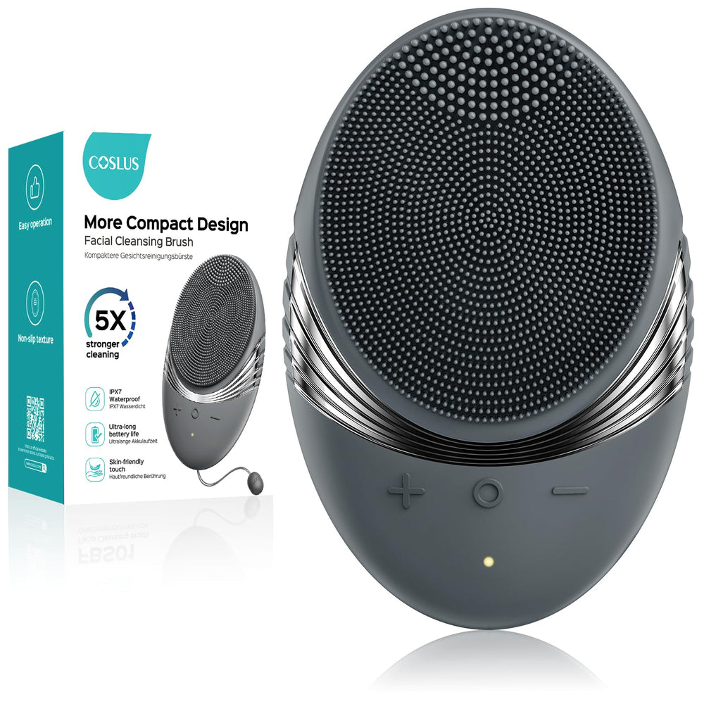 COSLUS facial cleansing brush unboxed showing compact travel design