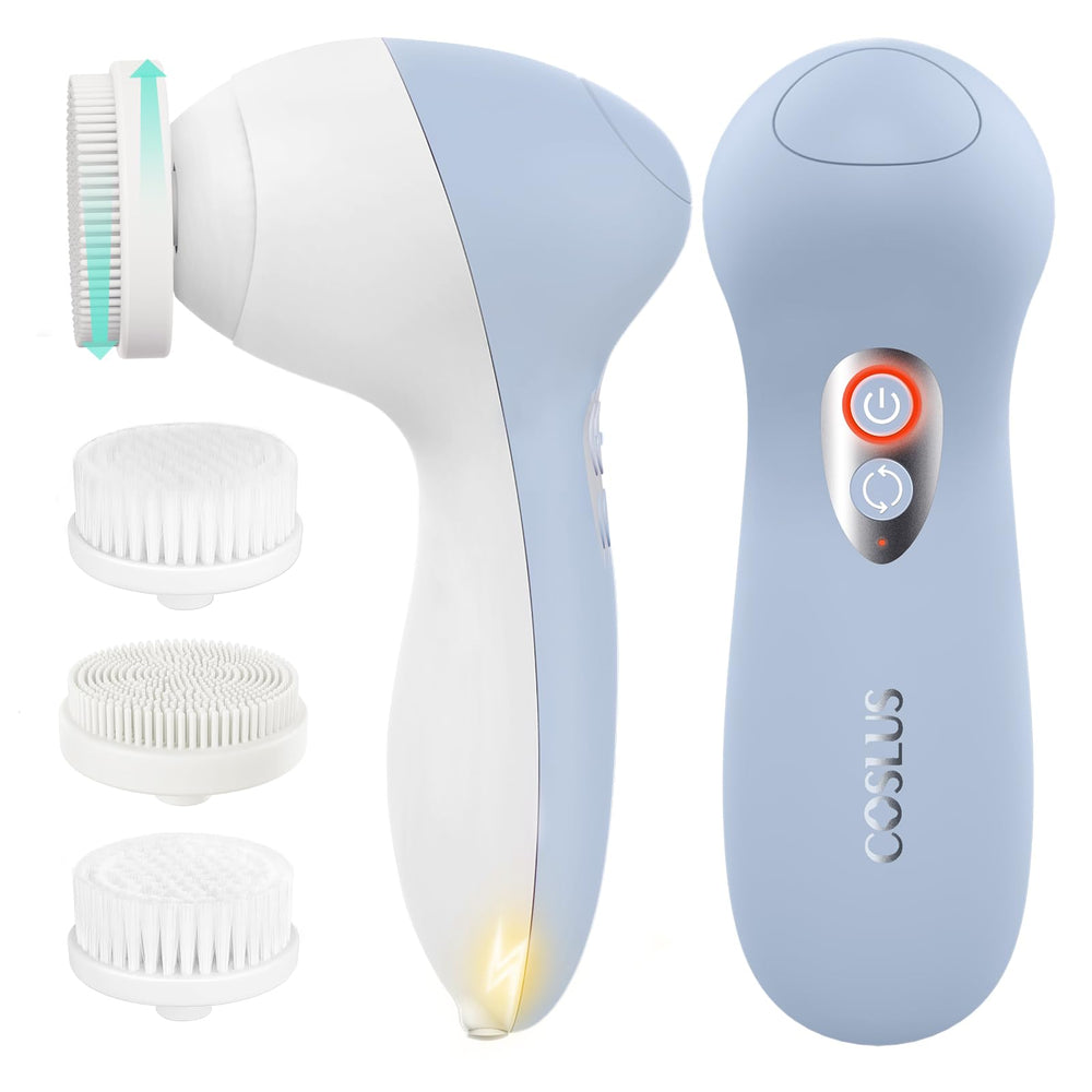 COSLUS powered facial cleansing brush blue front view showing compact design for daily cleansing