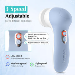 COSLUS powered facial cleansing brush heads assembly highlighting replaceable heads for customization