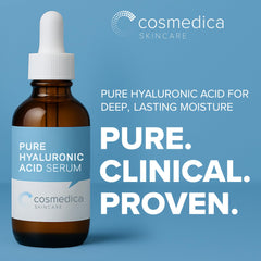 Cosmedica Hyaluronic Serum bottle pour shows lightweight hydration.