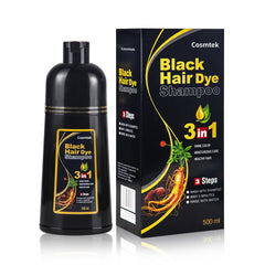 COSMTEK Black Hair Dye Shampoo packaging shows an all-in-one at-home color kit.