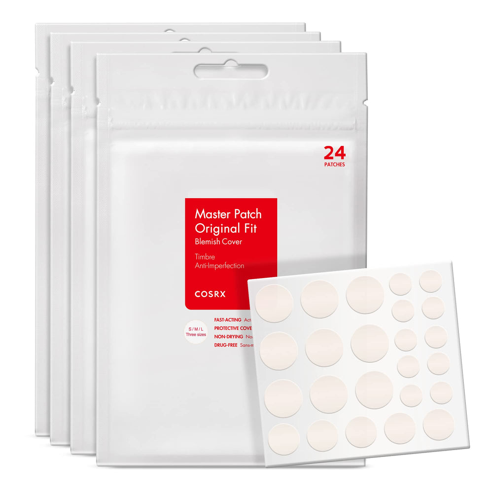 COSRX Acne Pimple Patch pack with three sizes shown for versatile blemish coverage