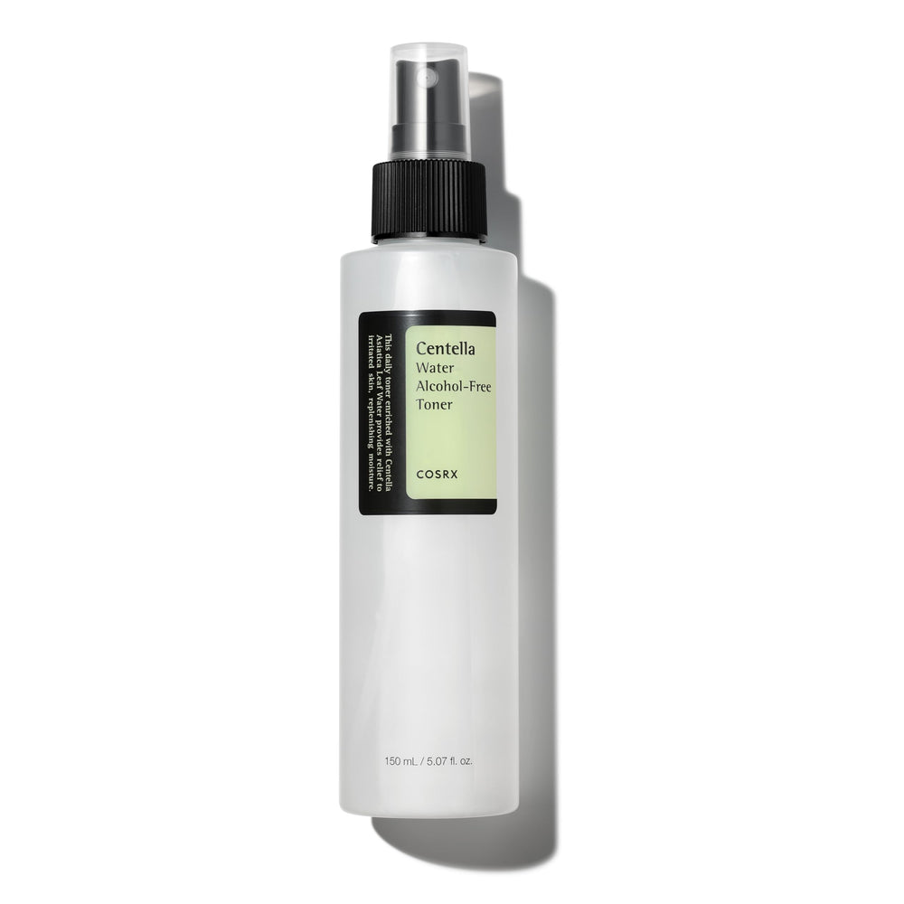 COSRX Alcohol-Free Cica Toner spray bottle delivers gentle hydration for sensitive skin.