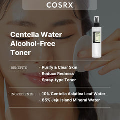 COSRX Centella Water Toner dispense mist highlights soothing hydration for redness-prone, sensitive skin.