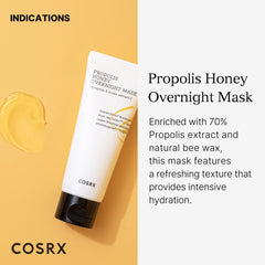 COSRX Full Fit Propolis Honey Overnight Mask gel texture highlighted for fast-absorbing hydration.