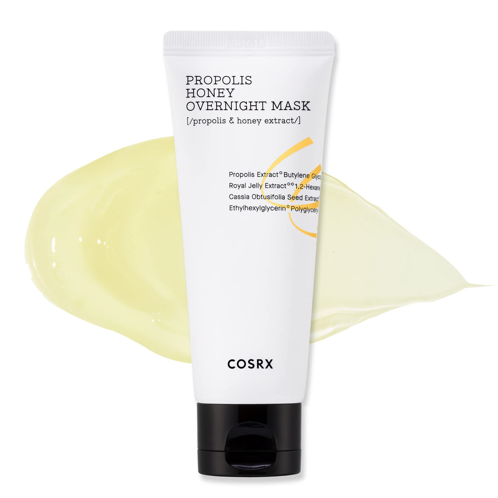 COSRX Full Fit Propolis Honey Overnight Mask jar closeup showcasing hydration from honey and propolis.