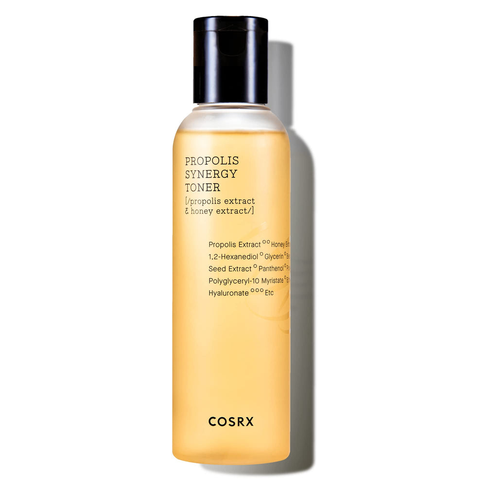 COSRX Full Fit Propolis Synergy Toner bottle showcases a hydrating formula for refreshed skin.