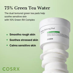 COSRX Green Calming Pads close-up texture highlights gentle exfoliation and hydration.