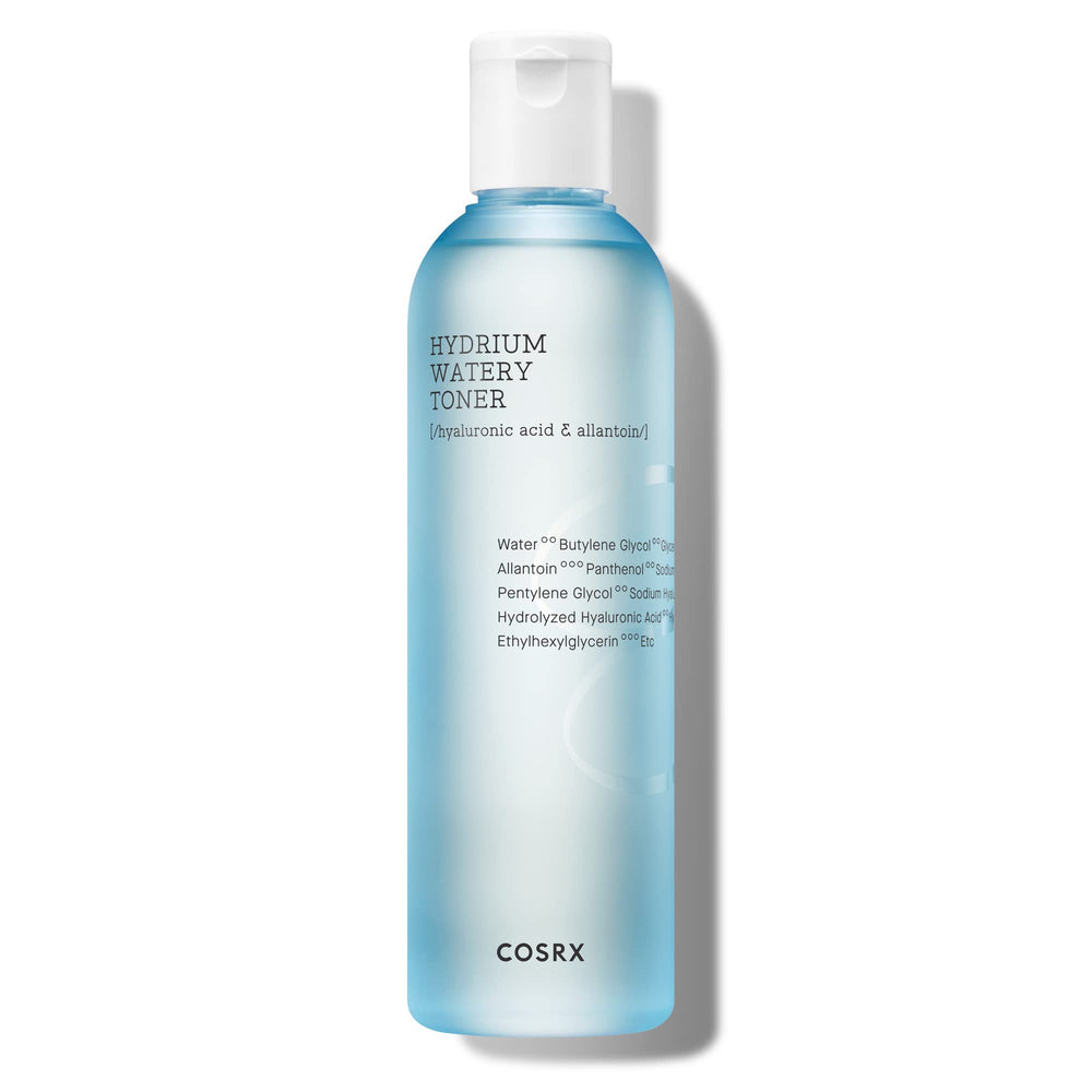 COSRX Hydrium Watery Toner bottle close-up highlights hydration benefits.