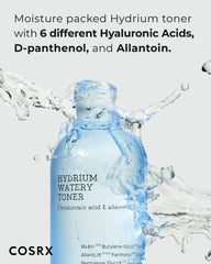 COSRX Hydrium Toner swirls illustrate moisture boost for refreshed skin.