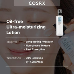 COSRX Oil Free Lotion label highlights Birch Sap for balanced moisture