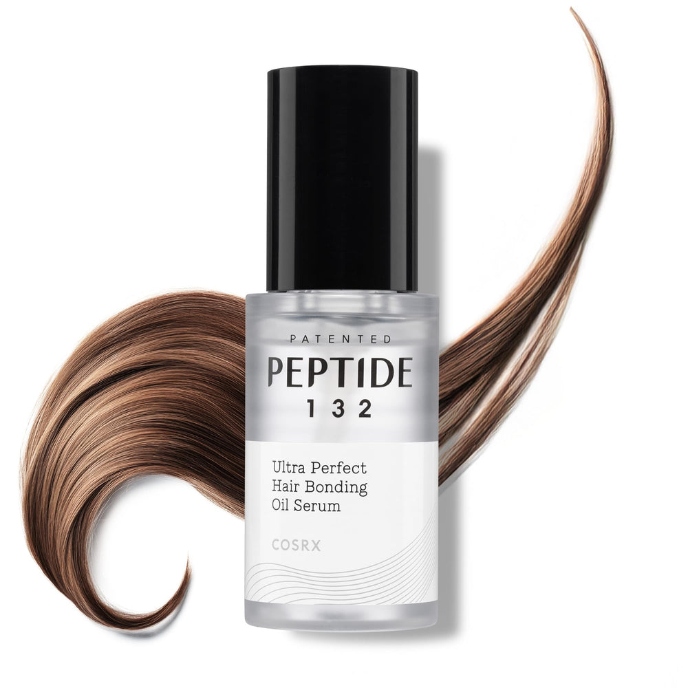 COSRX Peptide 132 Hair Bonding Oil Serum pump applying a glossy frizz-control finish.
