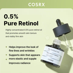 COSRX Retinol 0.5 Oil dropper close-up supports gentle wrinkle reduction