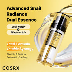 COSRX Snail Mucin 74% Niacinamide essence close-up highlighting radiance