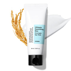 COSRX Ultimate Nourishing Rice Overnight Spa Mask packaging highlights spa-worthy care for waking skin.