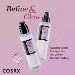 COSRX Whitehead Removing Power Liquid closeup emphasizes clear bottle and velvety texture