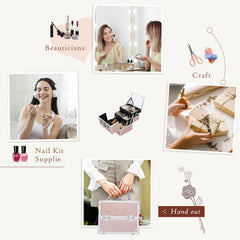 Costravio organizer with folding trays keeps makeup, nail polish, and jewelry neatly organized.