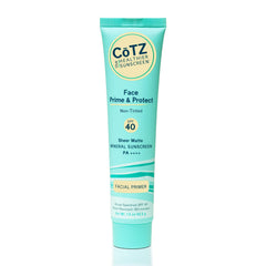 CoTZ Face Prime & Protect bottle closeup showing weightless matte sunscreen and primer
