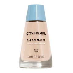 CoverGirl Clean Matte Liquid Foundation Ivory 505 bottle highlights oil-control formula.