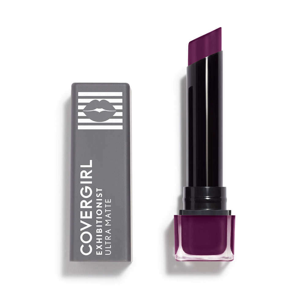 CoverGirl Exhibitionist lipstick tube closeup shows rich matte color and hydration.