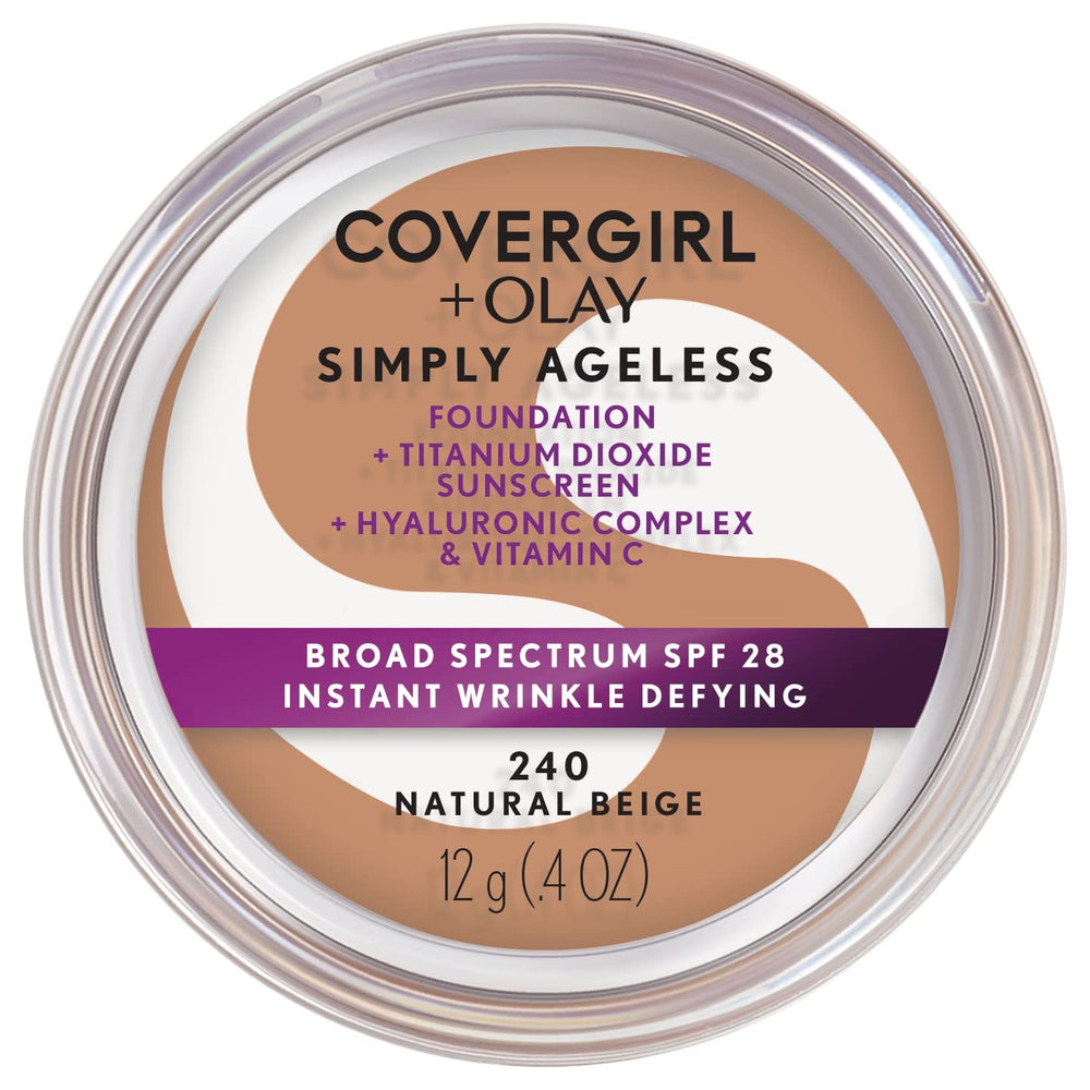 COVERGIRL OLAY Simply Ageless foundation bottle closeup for smooth, hydrated-looking skin.