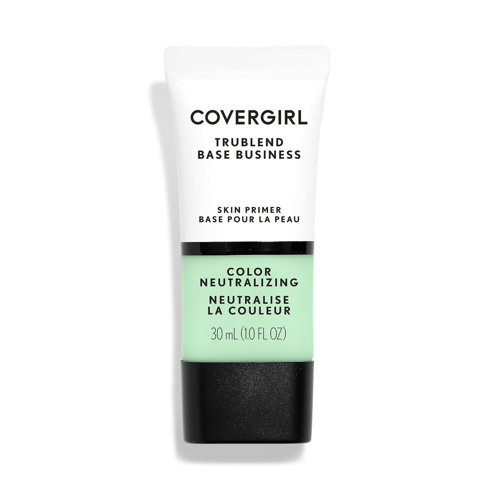 CoverGirl TruBlend primer bottle closeup highlights redness-neutralizing base for even skin tone