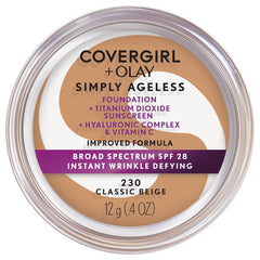 COVERGIRL Simply Ageless bottle close-up highlighting premium packaging for easy, age-defying makeup.