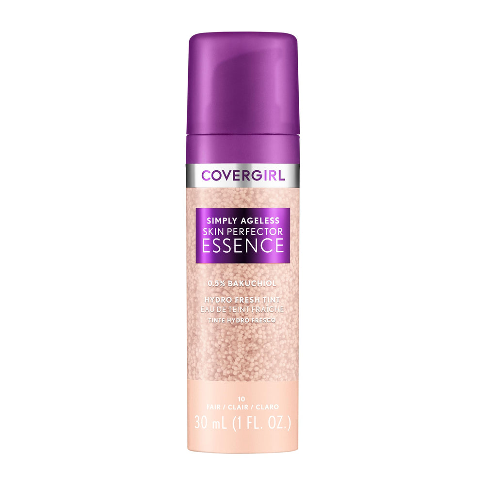 CoverGirl Simply Ageless bottle close-up shows sheer tint for a radiant bare-skin look.