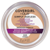 CoverGirl Simply Ageless bottle close-up highlighting SPF 28 anti aging foundation for sun protection