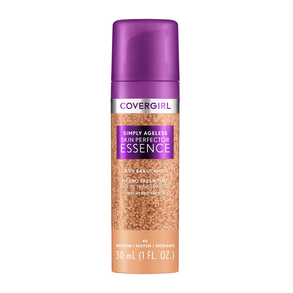 Covergirl Simply Ageless essence bottle with sheer tint for radiant, hydrated skin.