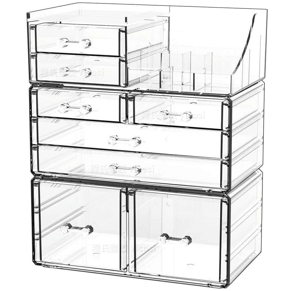 Cq acrylic 3-pack clear makeup organizer top view for quick cosmetic access.