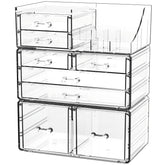 Cq acrylic 3-pack clear makeup organizer top view for quick cosmetic access.