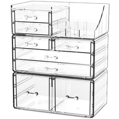Cq acrylic 3-pack clear makeup organizer top view for quick cosmetic access.