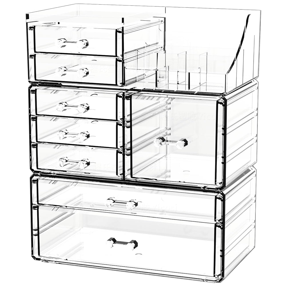 CQ Acrylic clear makeup organizer on countertop offers crystal-clear visibility.