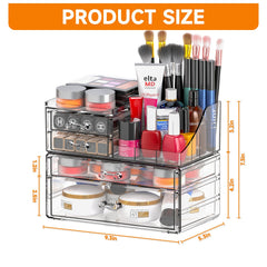 Cq acrylic dresser-top cosmetic storage keeps brushes, palettes, and serums neatly within reach.