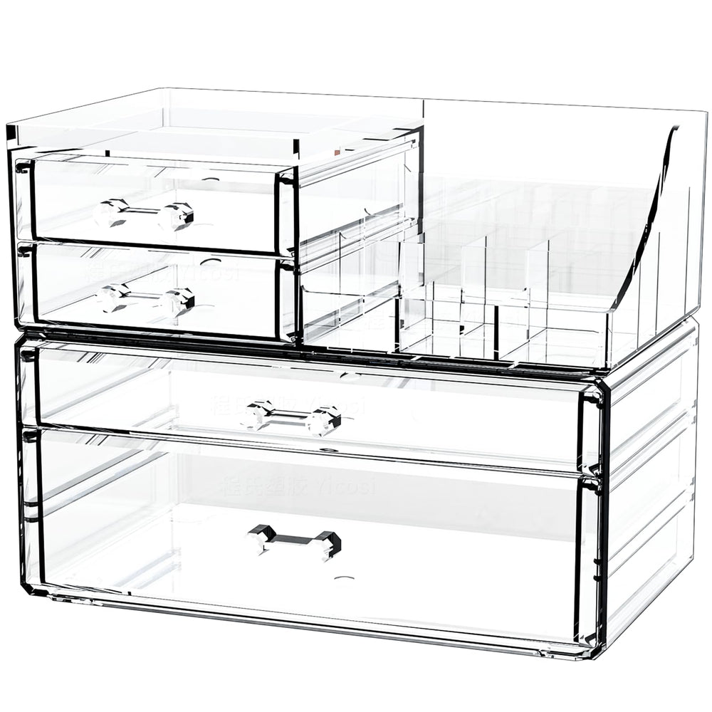 Cq acrylic small makeup organizers with four stackable drawers for versatile cosmetic storage.