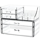 Cq acrylic small makeup organizers with four stackable drawers for versatile cosmetic storage.