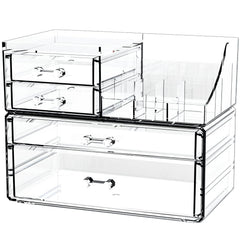 Cq acrylic small makeup organizers with four stackable drawers for versatile cosmetic storage.