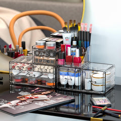 Cq acrylic stackable drawers makeup storage showcasing translucent units for space-saving organization.
