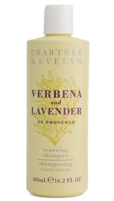 Crabtree & Evelyn Verbena & Lavender Renewing Shampoo bottle highlights scalp support and hair renewal.