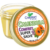Creation Pharm Calendula Salve jar closeup shows rich texture for daily hydration.