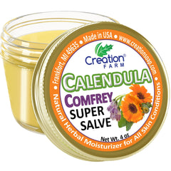 Creation Pharm Calendula Salve jar closeup shows rich texture for daily hydration.