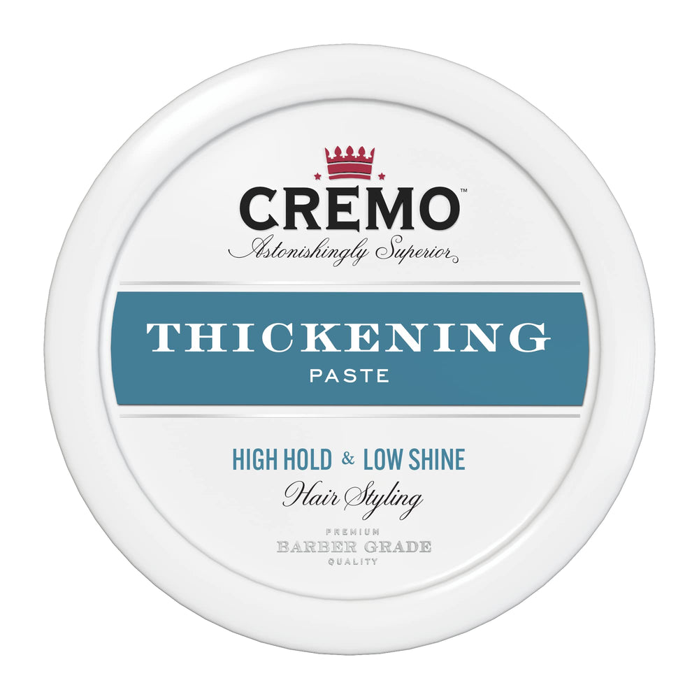 Cremo Barber Grade Thickening Paste pack shot for all-day hold and volume.