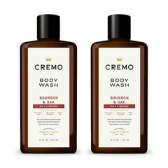Cremo Bourbon & Oak body wash bottle front view highlighting distiller's spice aroma for a refined morning ritual.