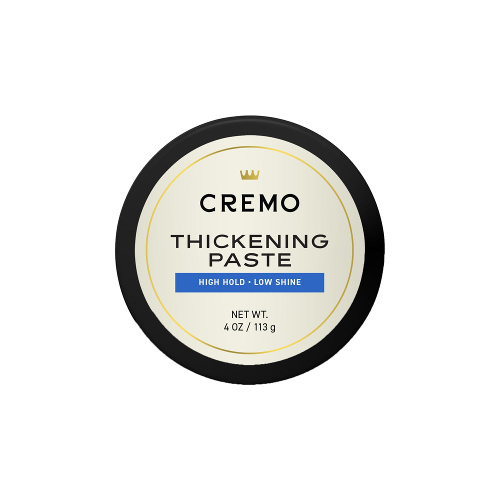 Cremo Hair Thickening Paste product shot highlights barber-grade formula for textured volume