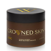 Crowned Skin King Cologned Body Butter bottle pour highlights lasting fragrance.