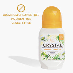 Crystal Essence Chamomile Green Tea roll-on application shows gentle, non-sticky use.