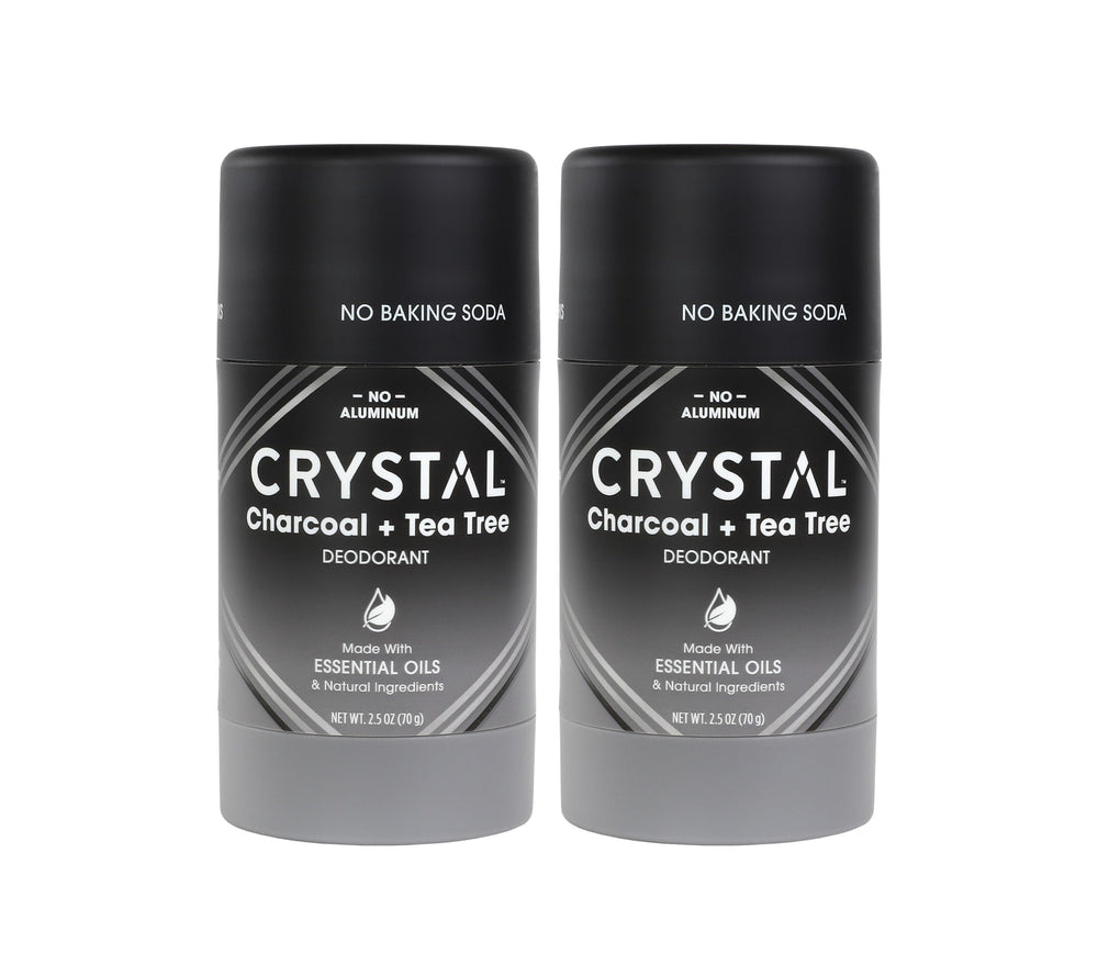 Crystal Essence charcoal tea tree solid stick closeup shows quick-dry odor protection.