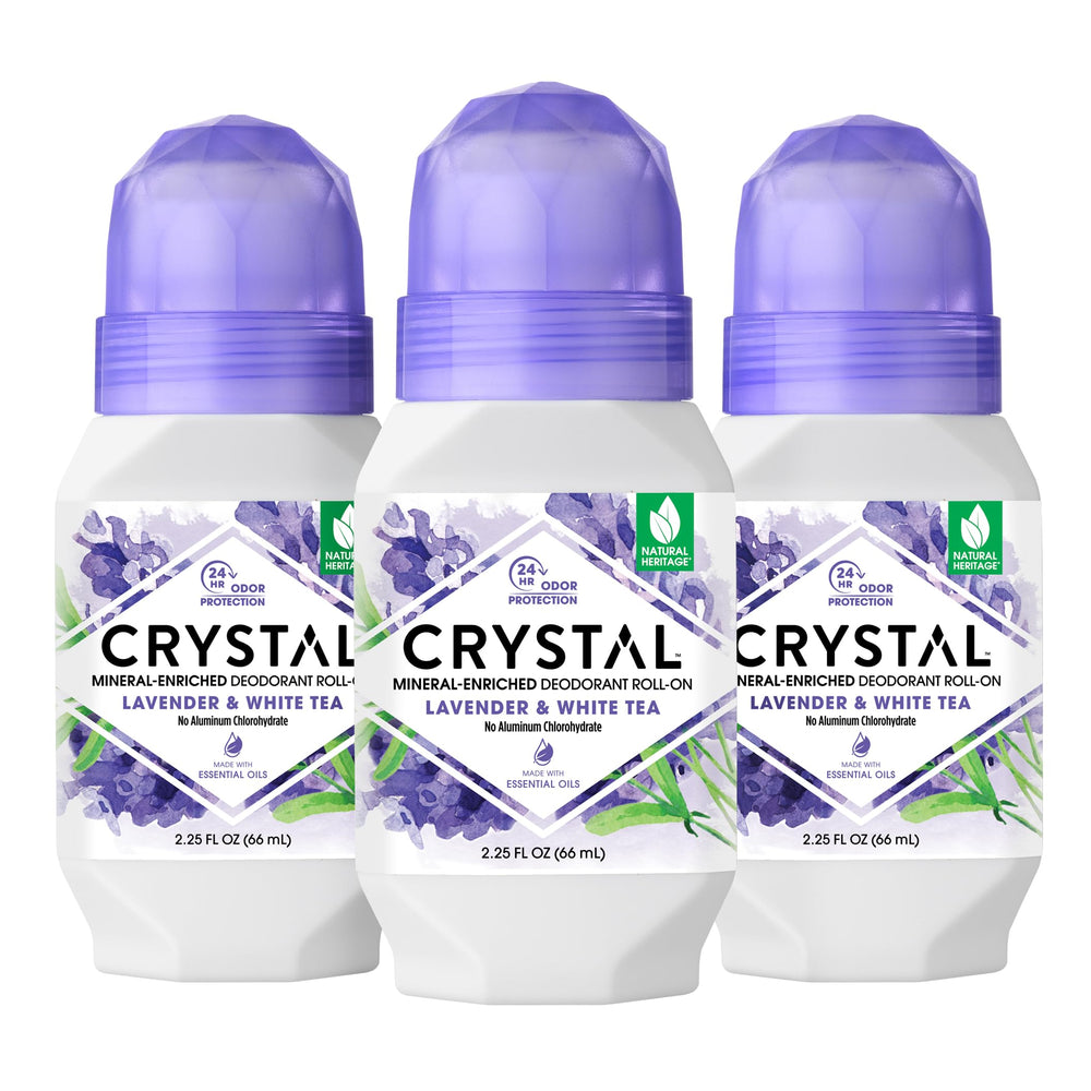 Crystal Essence CRYSTAL mineral deodorant roll-on lavender white tea bottle delivers lasting freshness.