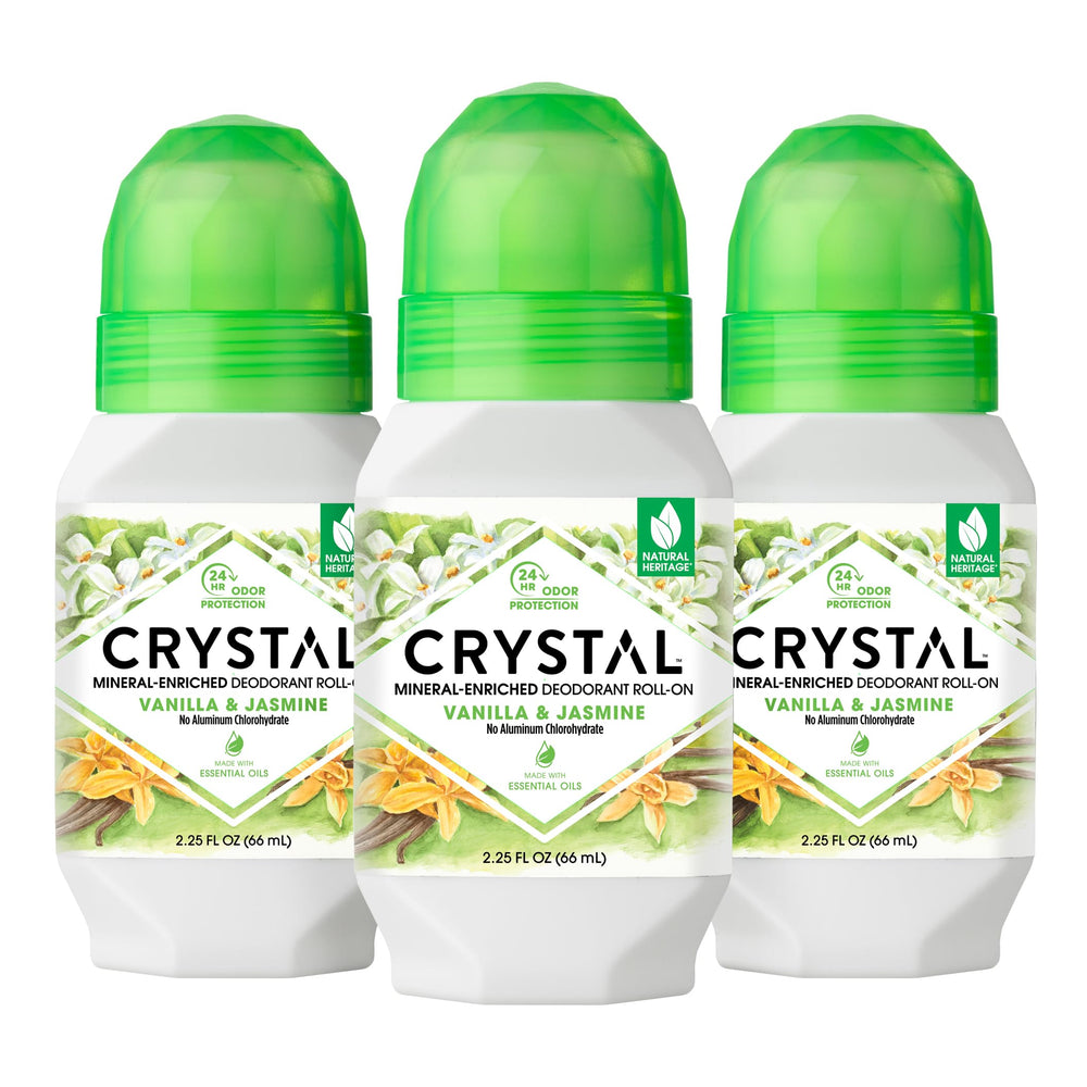 Crystal Essence mineral deodorant bottle close-up highlighting vanilla jasmine scent for all-day freshness